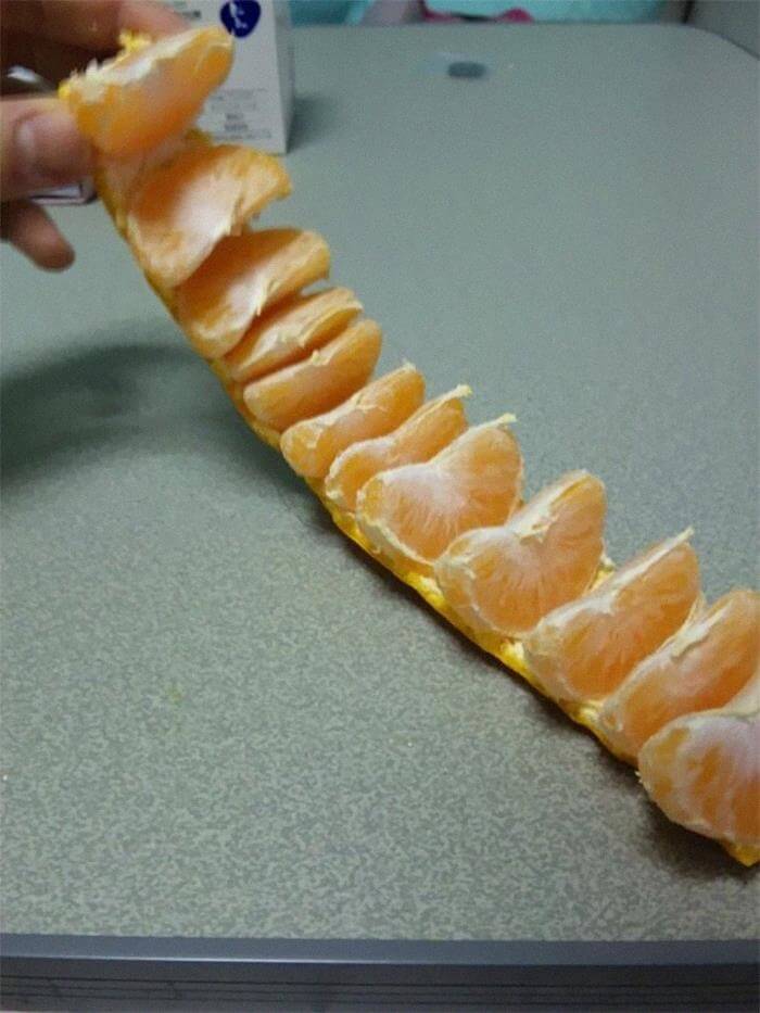 You can peel an orange easier by cutting the top & bottom off and slicing the side. Then you can open it up and it will roll open into a line of slices.