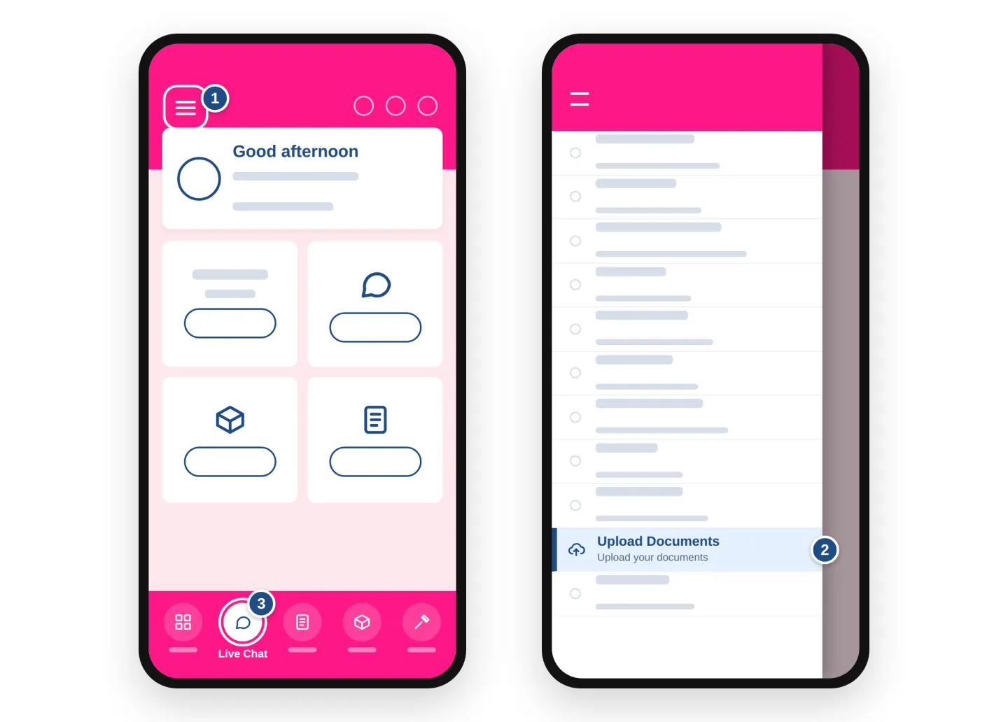 The Webafrica app menu with Upload Documents highlighted