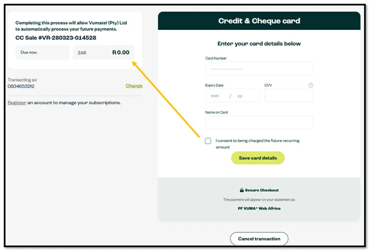 Update card details screen, step 3